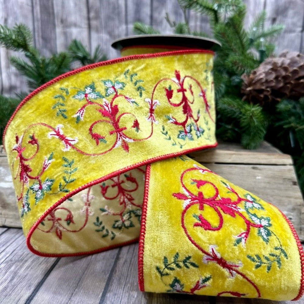 Yellow Velvet Embroidered Ribbon, 4 X 5YD