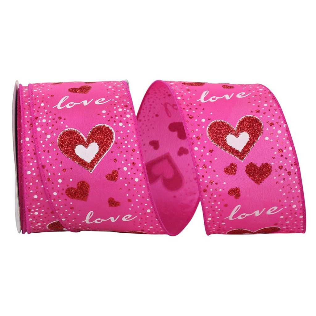 2-1/2'' 5.5 Yards Valentine Ribbon Wired Pink Heart Printed Burlap Ribbons for Wreaths (White and Pink Heart)